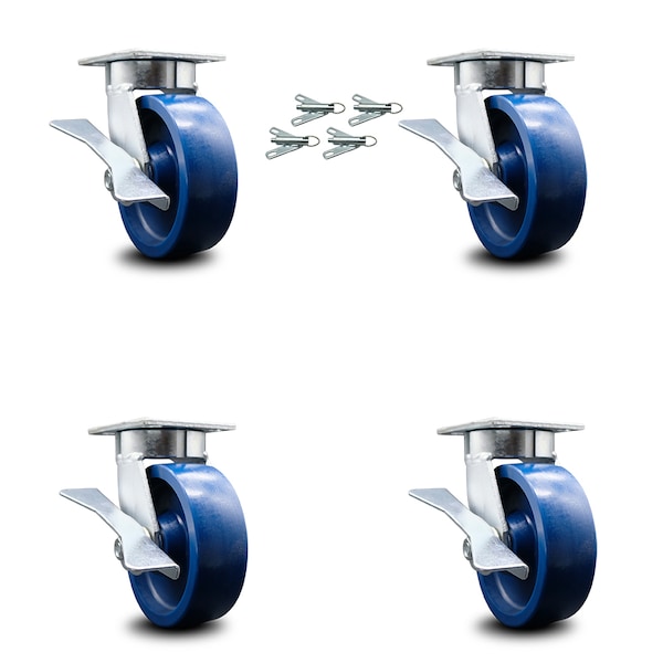 6 Inch Kingpinless Solid Poly Wheel Swivel Caster Set with Brake and Swivel Lock